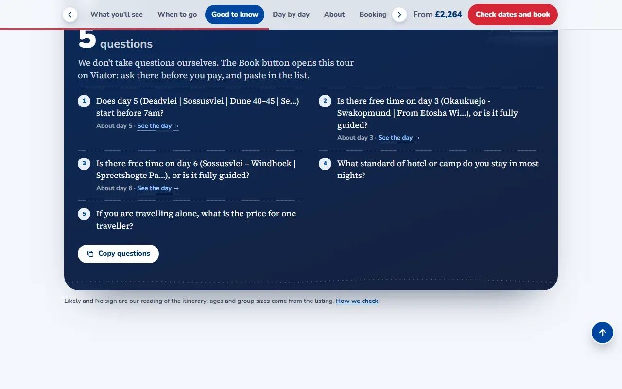 Worth asking before you book: questions for the operator, with a copy button